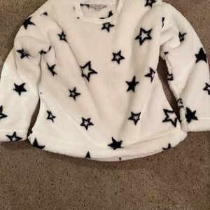 LOFT White Plush Star-Print Pullover Sweatshirt with Black Stars